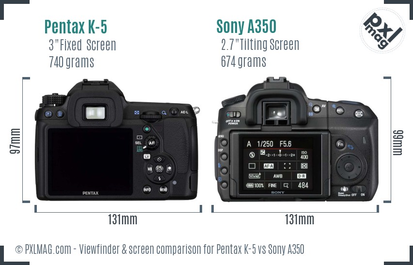 Pentax K-5 vs Sony A350 Screen and Viewfinder comparison