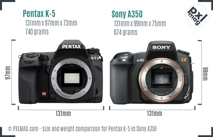 Pentax K-5 vs Sony A350 size comparison