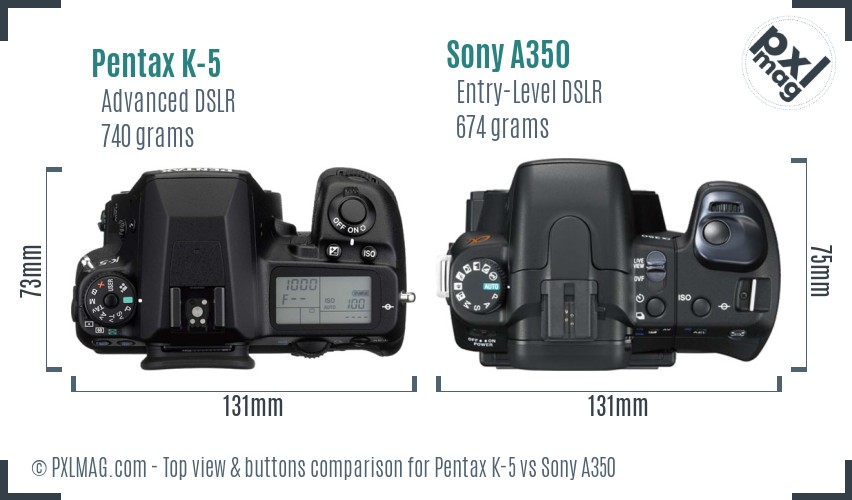 Pentax K-5 vs Sony A350 top view buttons comparison