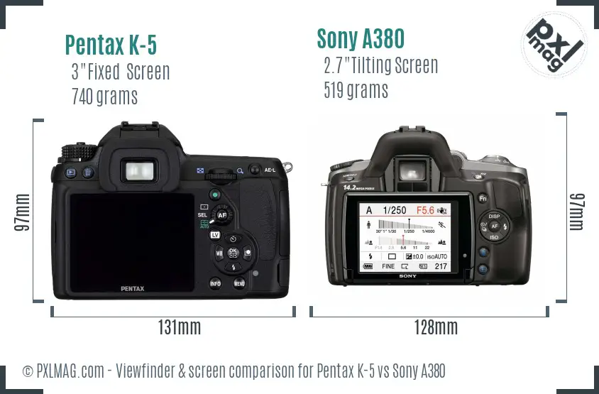 Pentax K-5 vs Sony A380 Screen and Viewfinder comparison