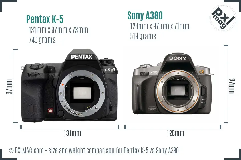 Pentax K-5 vs Sony A380 size comparison