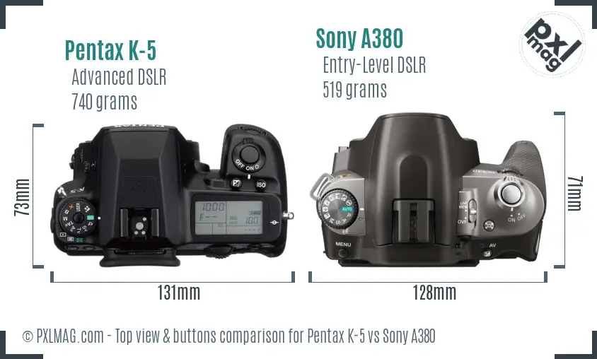 Pentax K-5 vs Sony A380 top view buttons comparison