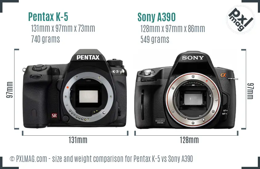 Pentax K-5 vs Sony A390 size comparison Pentax K-5 vs Sony A390 size comparison