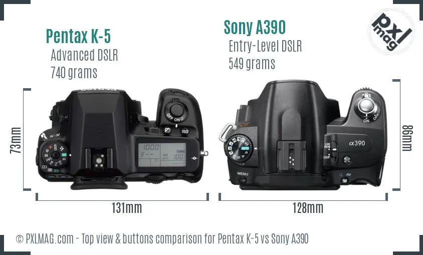 Pentax K-5 vs Sony A390 top view buttons comparison Pentax K-5 vs Sony A390 top view buttons comparison