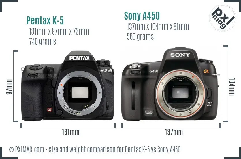 Pentax K-5 vs Sony A450 size comparison Pentax K-5 vs Sony A450 size comparison