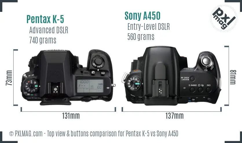 Pentax K-5 vs Sony A450 top view buttons comparison