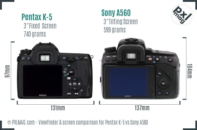 Pentax K-5 vs Sony A560 Screen and Viewfinder comparison