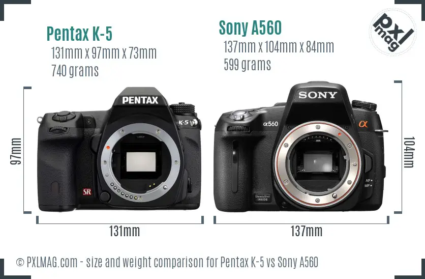 Pentax K-5 vs Sony A560 size comparison