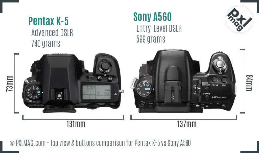 Pentax K-5 vs Sony A560 top view buttons comparison