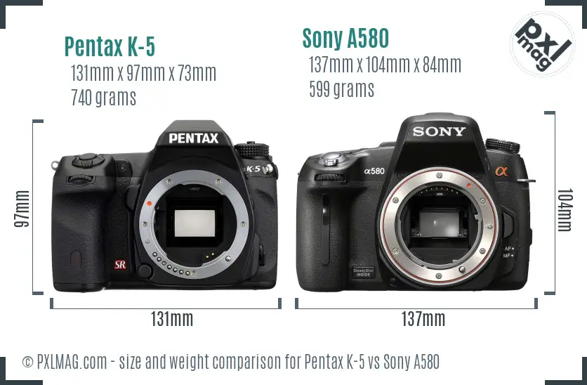Pentax K-5 vs Sony A580 size comparison