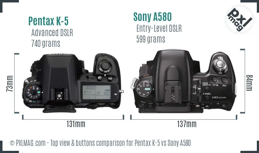 Pentax K-5 vs Sony A580 top view buttons comparison
