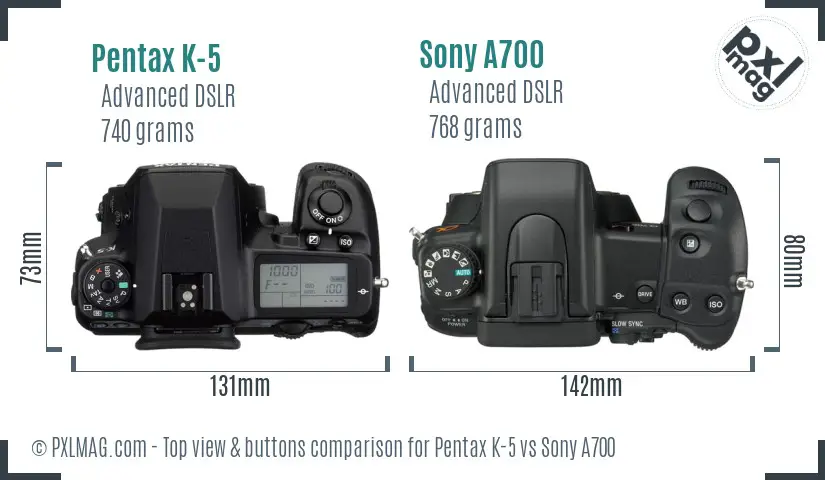 Pentax K-5 vs Sony A700 top view buttons comparison