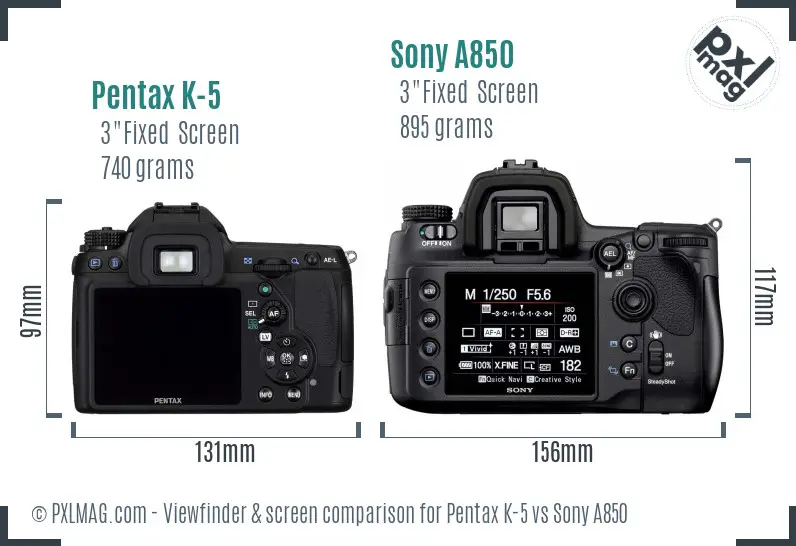 Pentax K-5 vs Sony A850 Screen and Viewfinder comparison