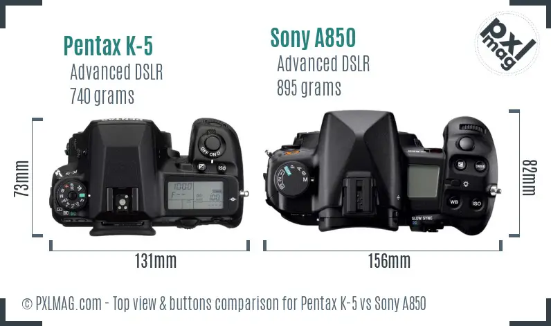 Pentax K-5 vs Sony A850 top view buttons comparison