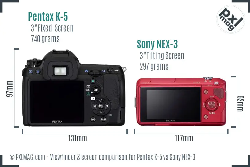 Pentax K-5 vs Sony NEX-3 Screen and Viewfinder comparison