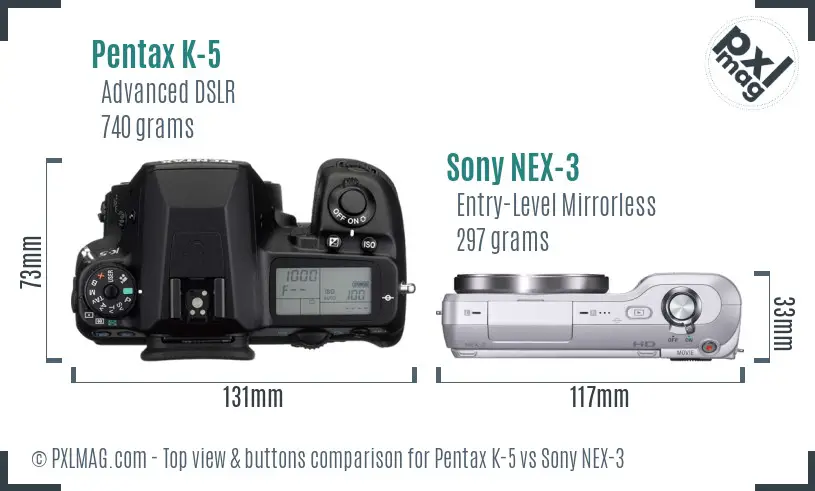 Pentax K-5 vs Sony NEX-3 top view buttons comparison