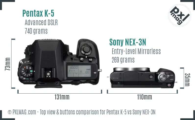 Pentax K-5 vs Sony NEX-3N top view buttons comparison