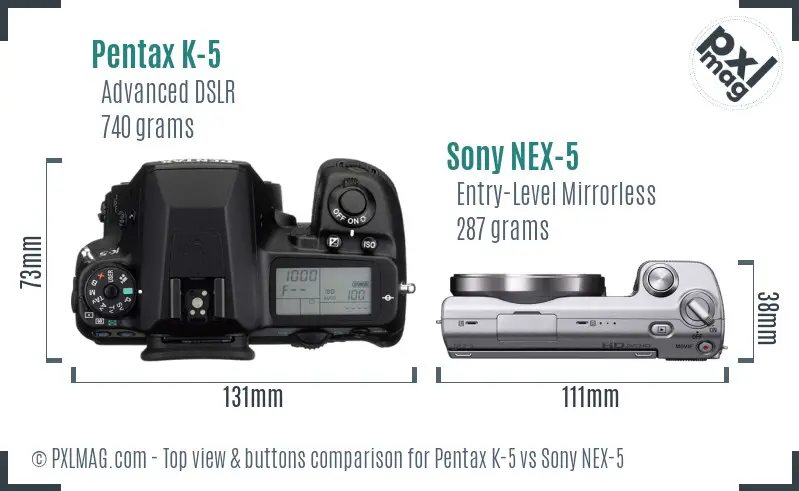 Pentax K-5 vs Sony NEX-5 top view buttons comparison