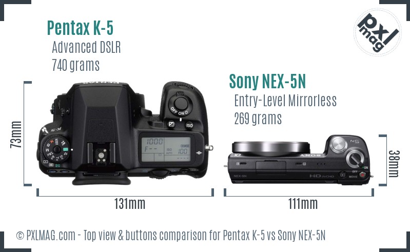Pentax K-5 vs Sony NEX-5N top view buttons comparison