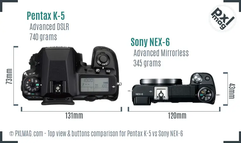 Pentax K-5 vs Sony NEX-6 top view buttons comparison