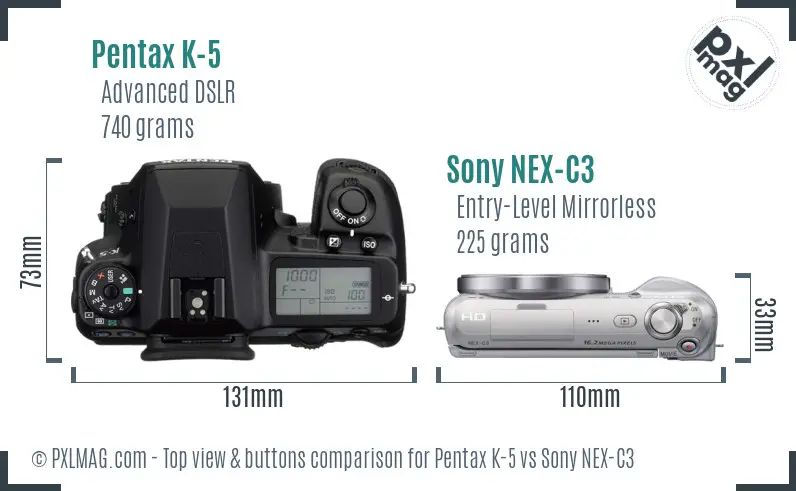 Pentax K-5 vs Sony NEX-C3 top view buttons comparison