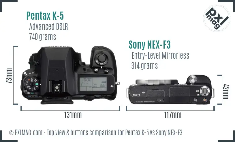 Pentax K-5 vs Sony NEX-F3 top view buttons comparison