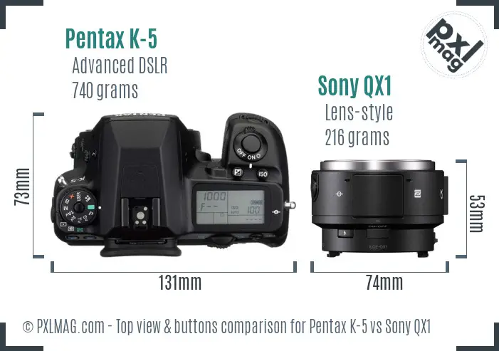 Pentax K-5 vs Sony QX1 top view buttons comparison