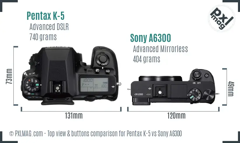 Pentax K-5 vs Sony A6300 top view buttons comparison