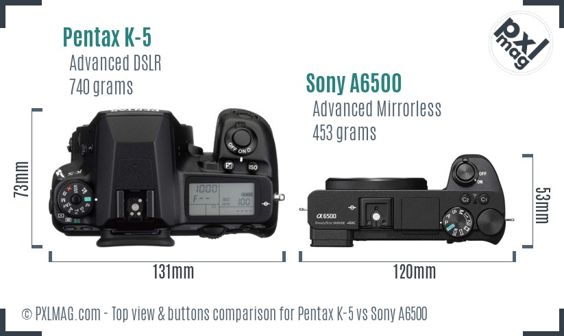 Pentax K-5 vs Sony A6500 top view buttons comparison