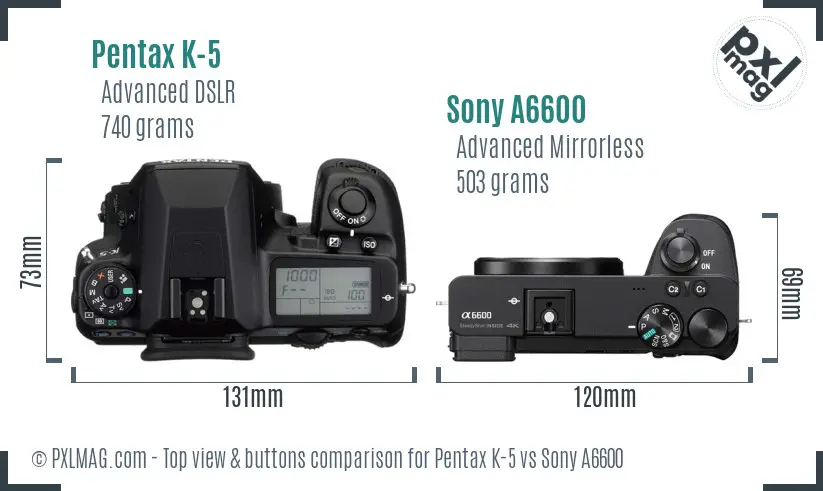 Pentax K-5 vs Sony A6600 top view buttons comparison