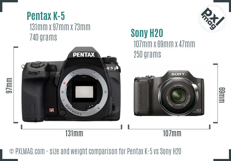 Pentax K-5 vs Sony H20 size comparison
