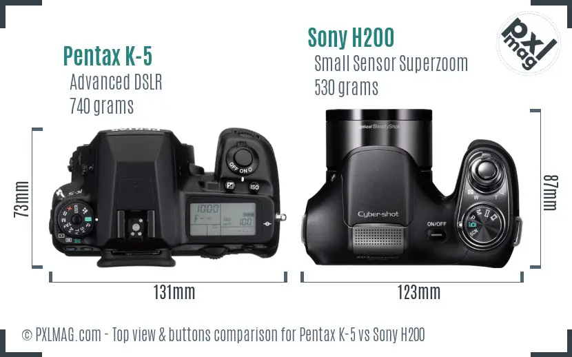 Pentax K-5 vs Sony H200 top view buttons comparison Pentax K-5 vs Sony H200 top view buttons comparison