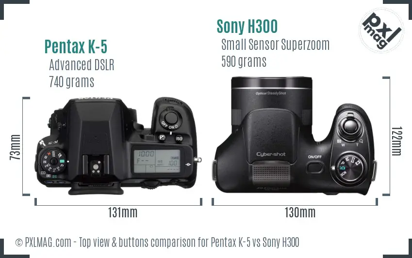 Pentax K-5 vs Sony H300 top view buttons comparison