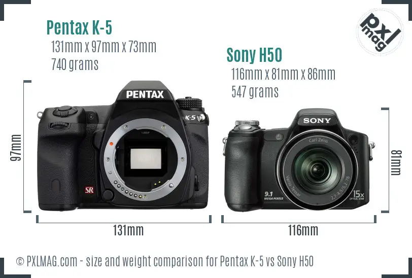 Pentax K-5 vs Sony H50 size comparison