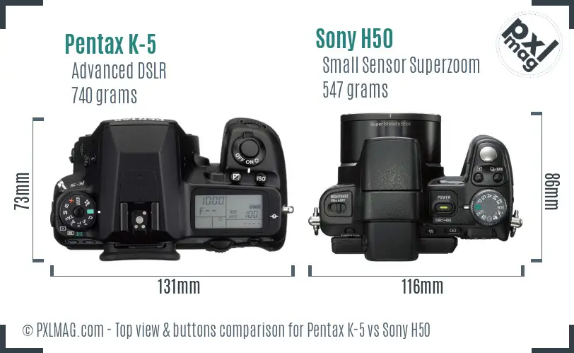 Pentax K-5 vs Sony H50 top view buttons comparison