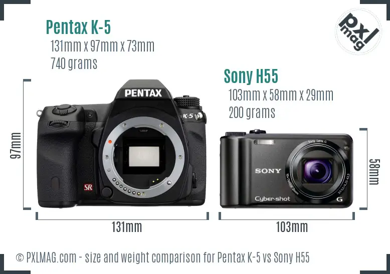 Pentax K-5 vs Sony H55 size comparison