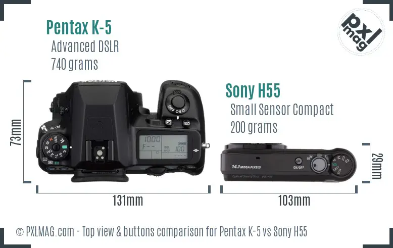 Pentax K-5 vs Sony H55 top view buttons comparison