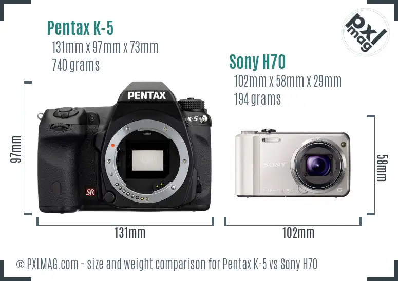 Pentax K-5 vs Sony H70 size comparison