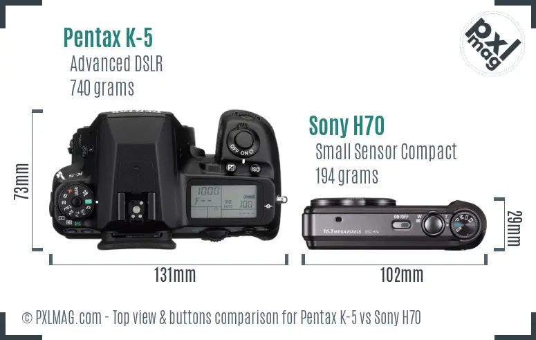 Pentax K-5 vs Sony H70 top view buttons comparison