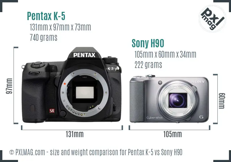 Pentax K-5 vs Sony H90 size comparison