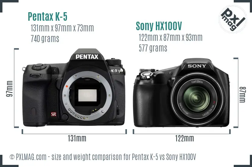 Pentax K-5 vs Sony HX100V size comparison