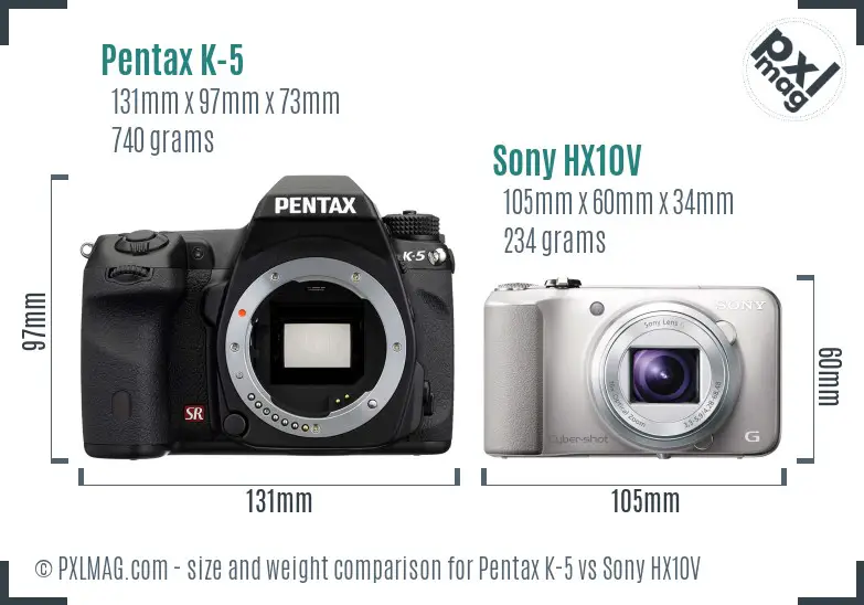 Pentax K-5 vs Sony HX10V size comparison