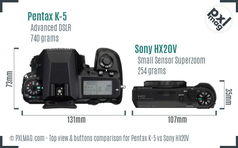 Pentax K-5 vs Sony HX20V top view buttons comparison
