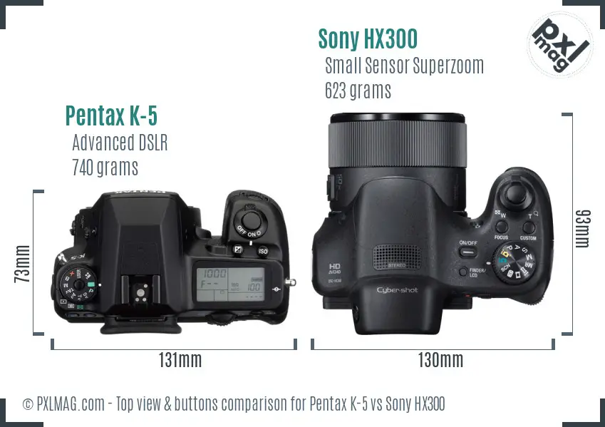 Pentax K-5 vs Sony HX300 top view buttons comparison