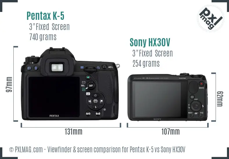 Pentax K-5 vs Sony HX30V Screen and Viewfinder comparison