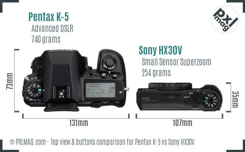 Pentax K-5 vs Sony HX30V top view buttons comparison