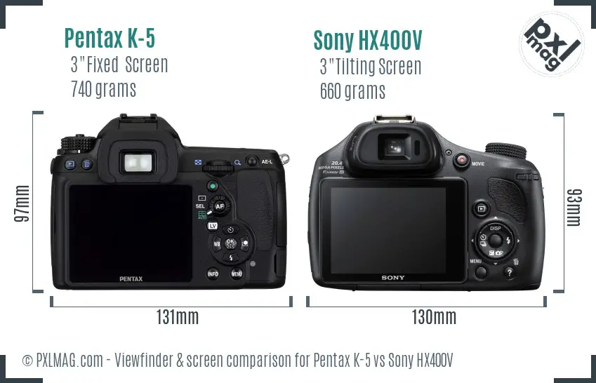 Pentax K-5 vs Sony HX400V Screen and Viewfinder comparison