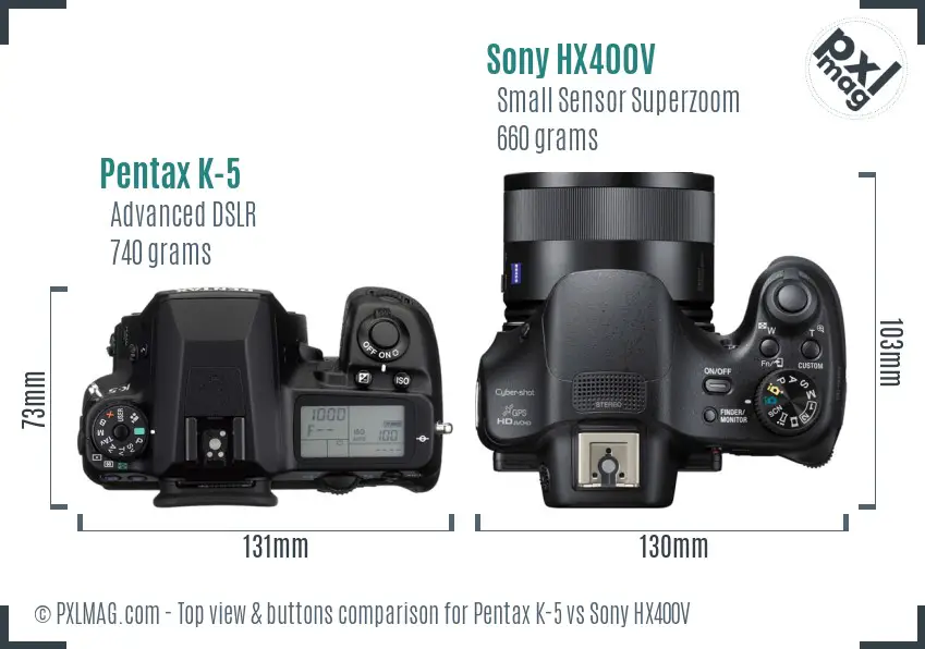 Pentax K-5 vs Sony HX400V top view buttons comparison