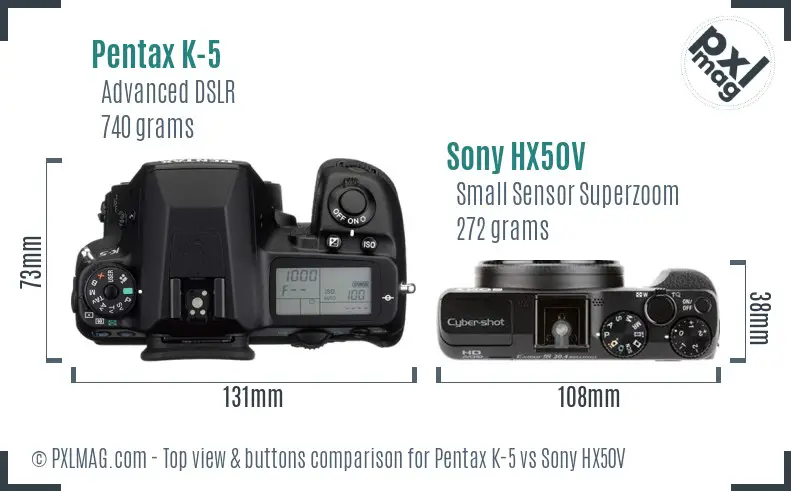 Pentax K-5 vs Sony HX50V top view buttons comparison