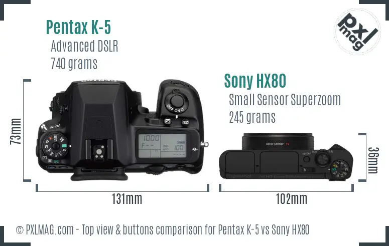 Pentax K-5 vs Sony HX80 top view buttons comparison